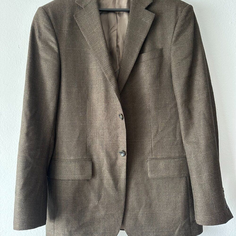 Geoffrey Beene 40R Brown Windowpane Plaid 100% Wool Blazer Classic Tailored - Picture 2 of 7
